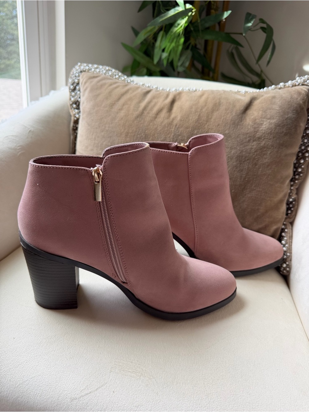 BAMBOO Dusty Pink Suede Ankle Booties with Block Heel